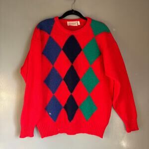 Vintage PITLOCHRY Women's Large Red Pure Wool Argyle Knit Pullover Sweater Retro